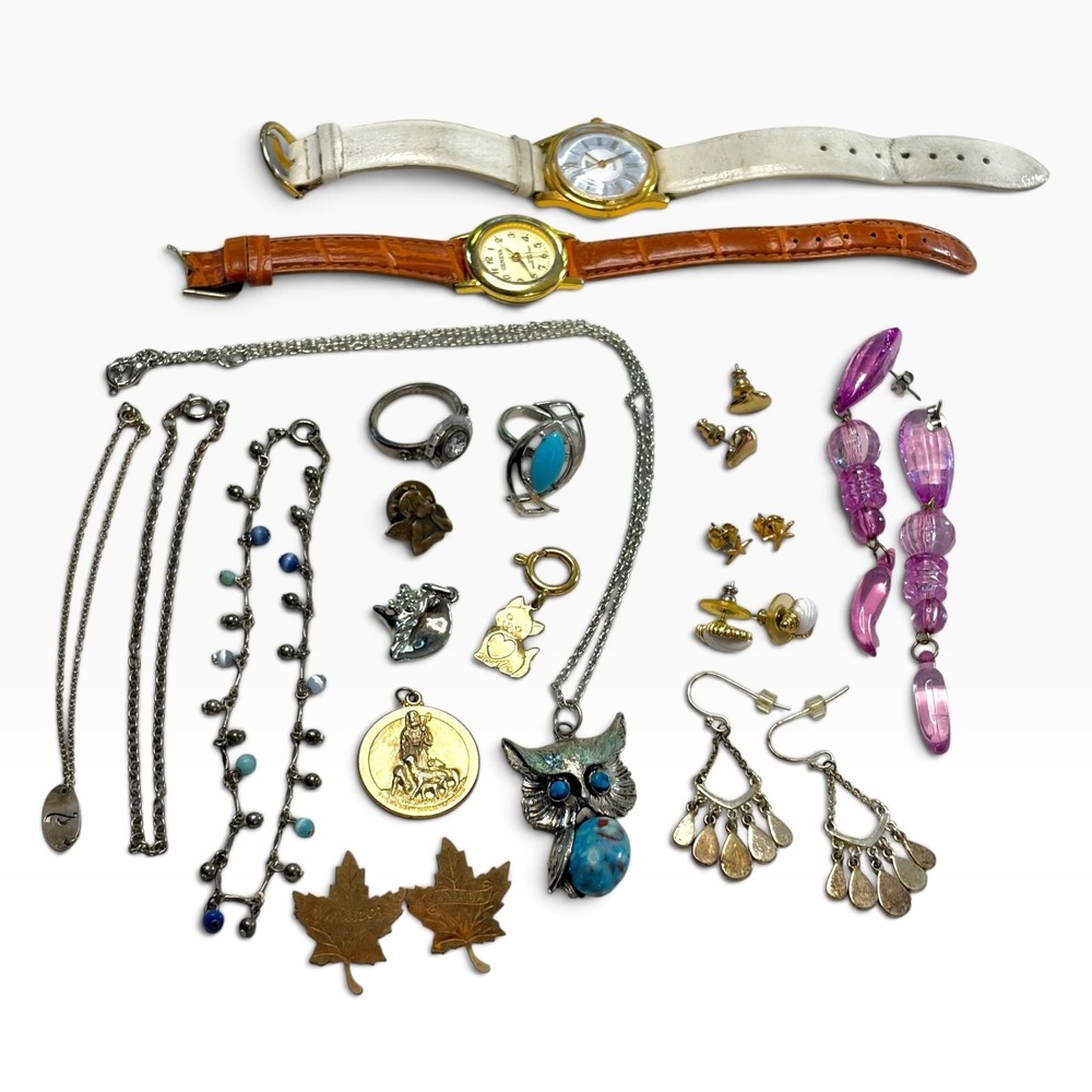 Vintage & Modern Costume Jewelry & Watch Lot Owl Pendant, Medals, Craft Salvage
